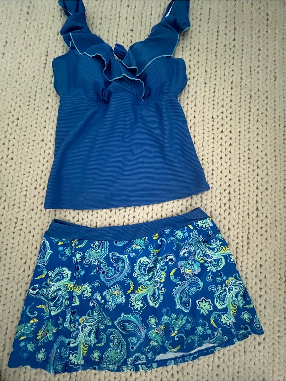 Blue Ruffled Tankini Set with Paisley Swim Skirt size L New w/out Tags